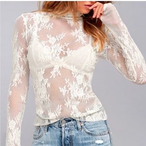 Free People Sweet Secrets White Lace Turtleneck Mesh Layer Top Size Small Cream
